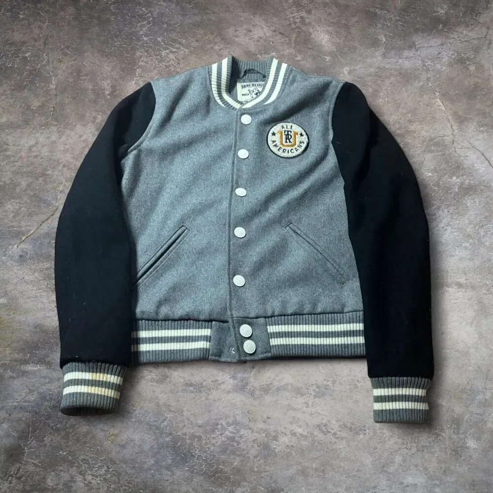 True Religion Varsity Jacket Men’s M Gray Embroidered Stitched Rare Y2K